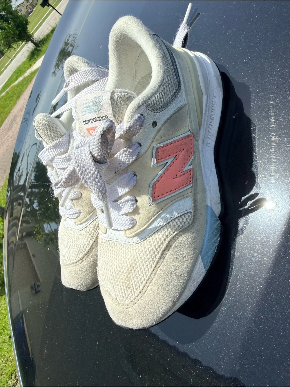 New Balance Kids Cream Sneakers with Coral and Light Blue Accents